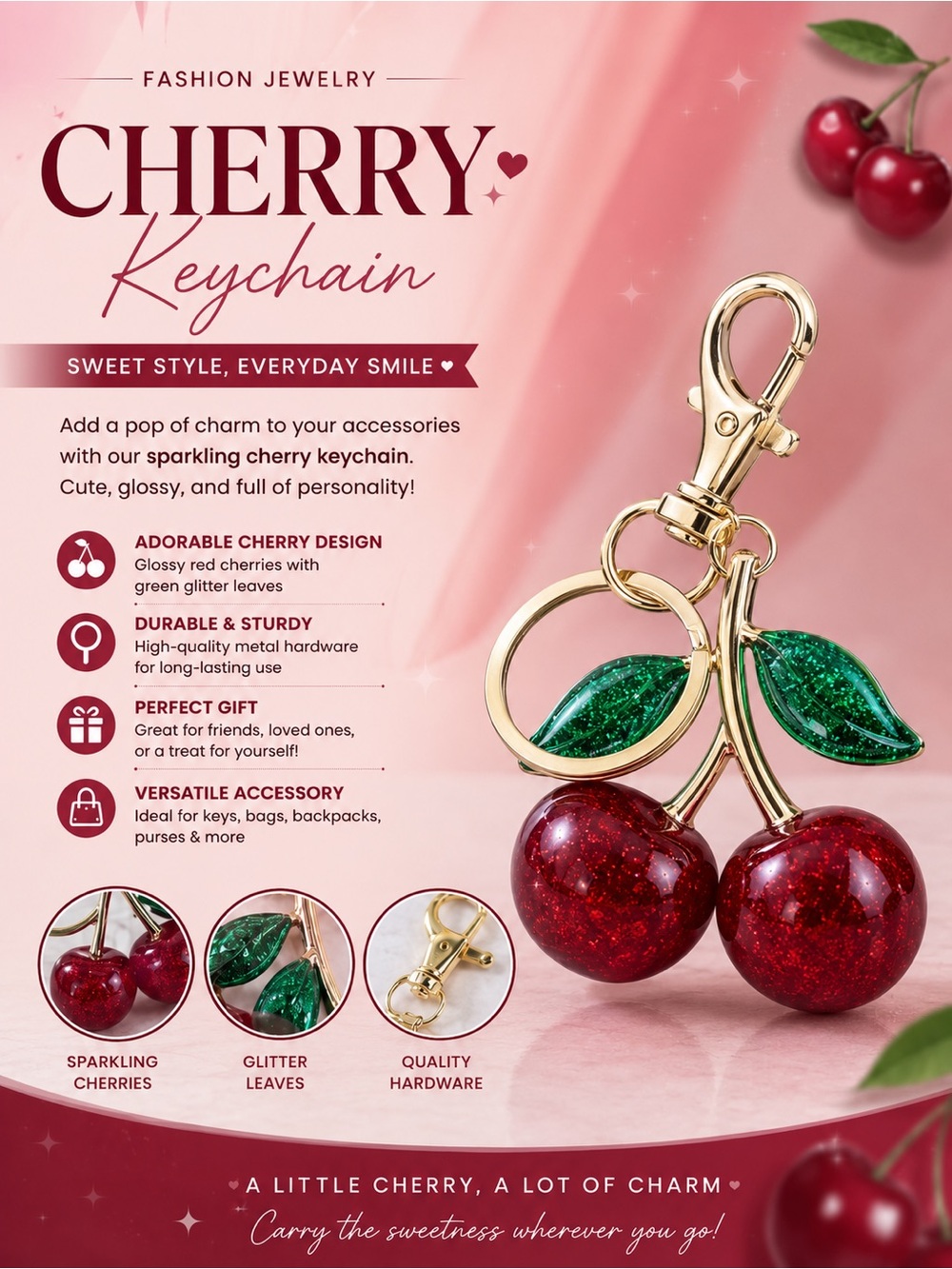 Cherry Keychain with Glitter Leaves